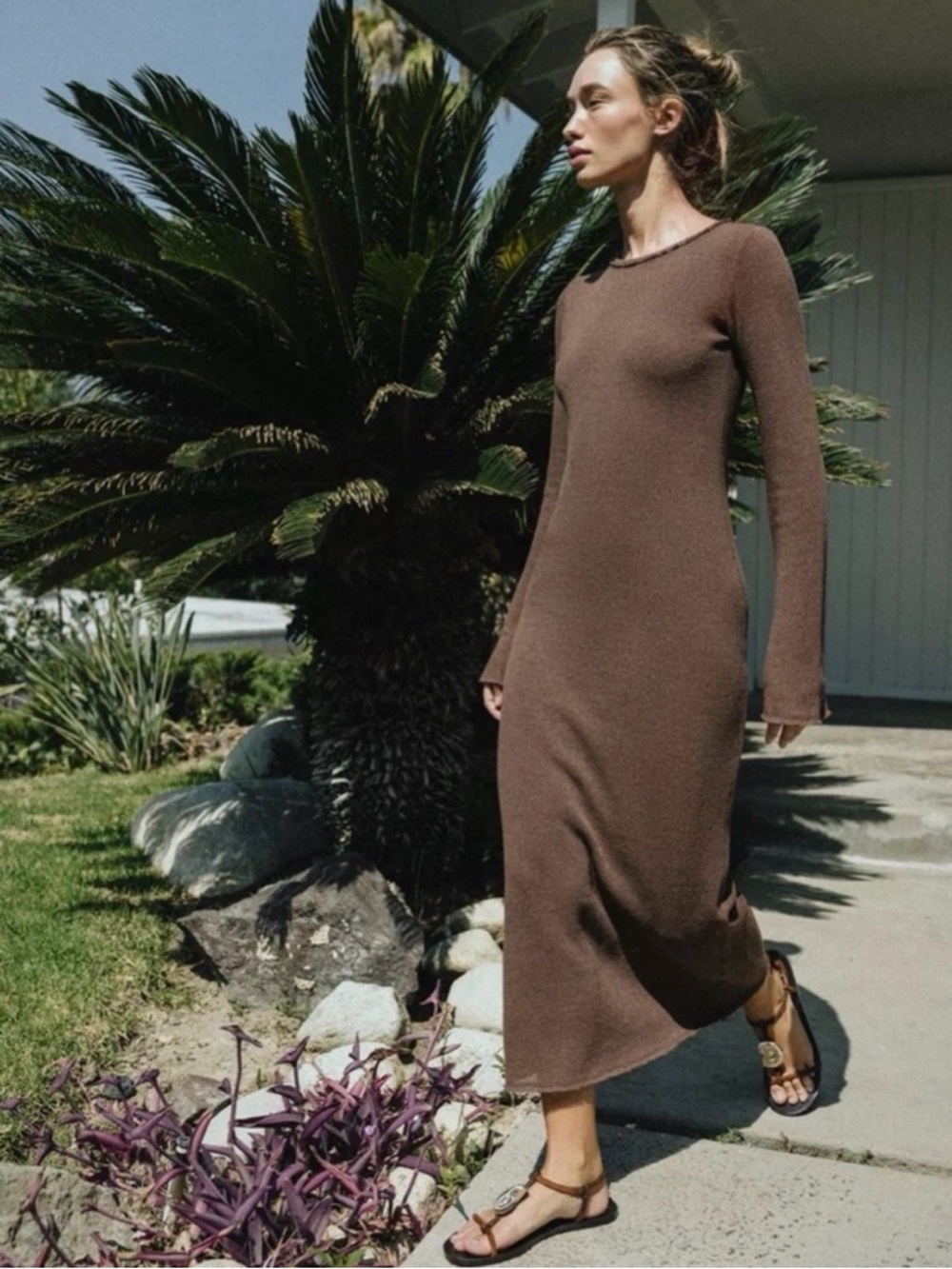 Zara Brown Long-Sleeve Textured Maxi Dress